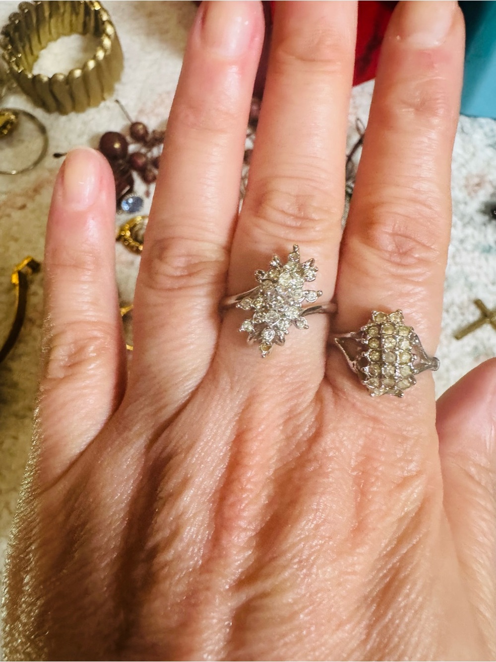 Antique Silver-Tone White Crystal Cluster Ring set of 2